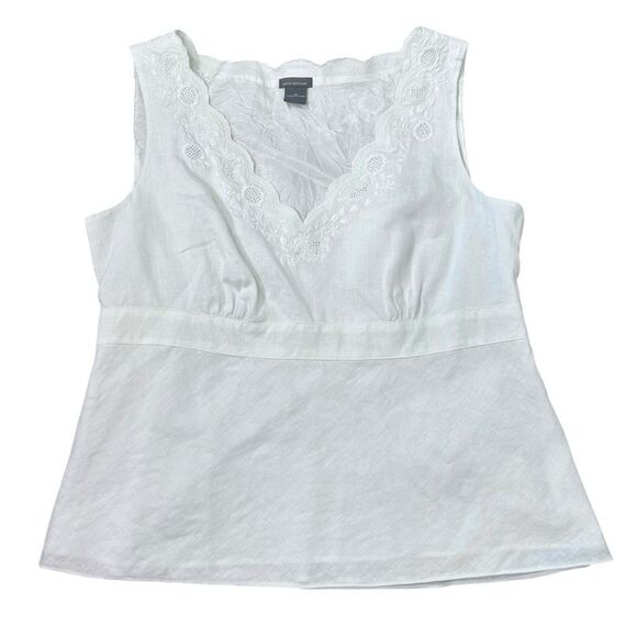 Ann Taylor Top Vintage Linen 12 White Sleeveless Embroidered Scallop V Blouse - Picture 13 of 15